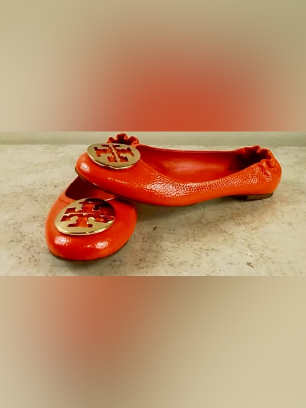 Tory Burch Orange Patent Leather Ballet Flats with Gold Logo - Picture 5 of 9